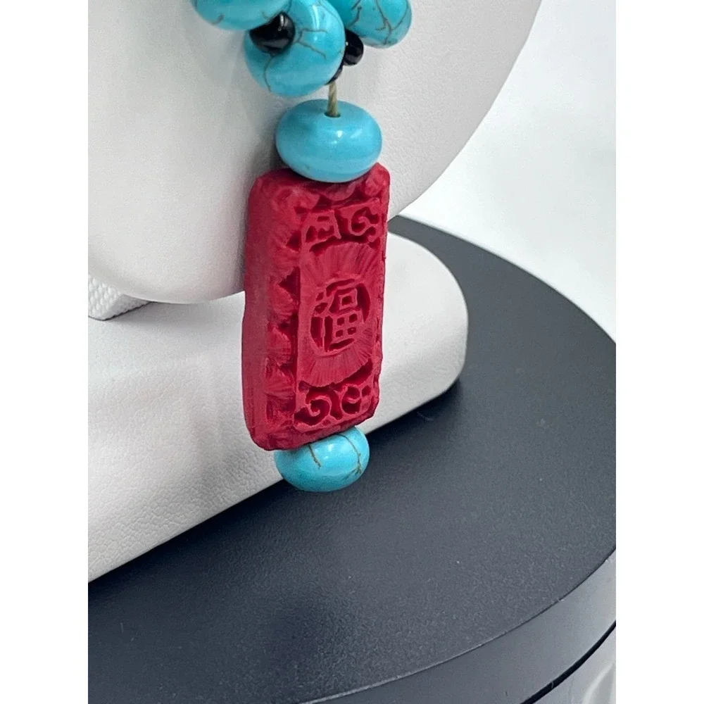 Blue Turquoise Beads and Red Cinnabar‎ Pendant Necklace